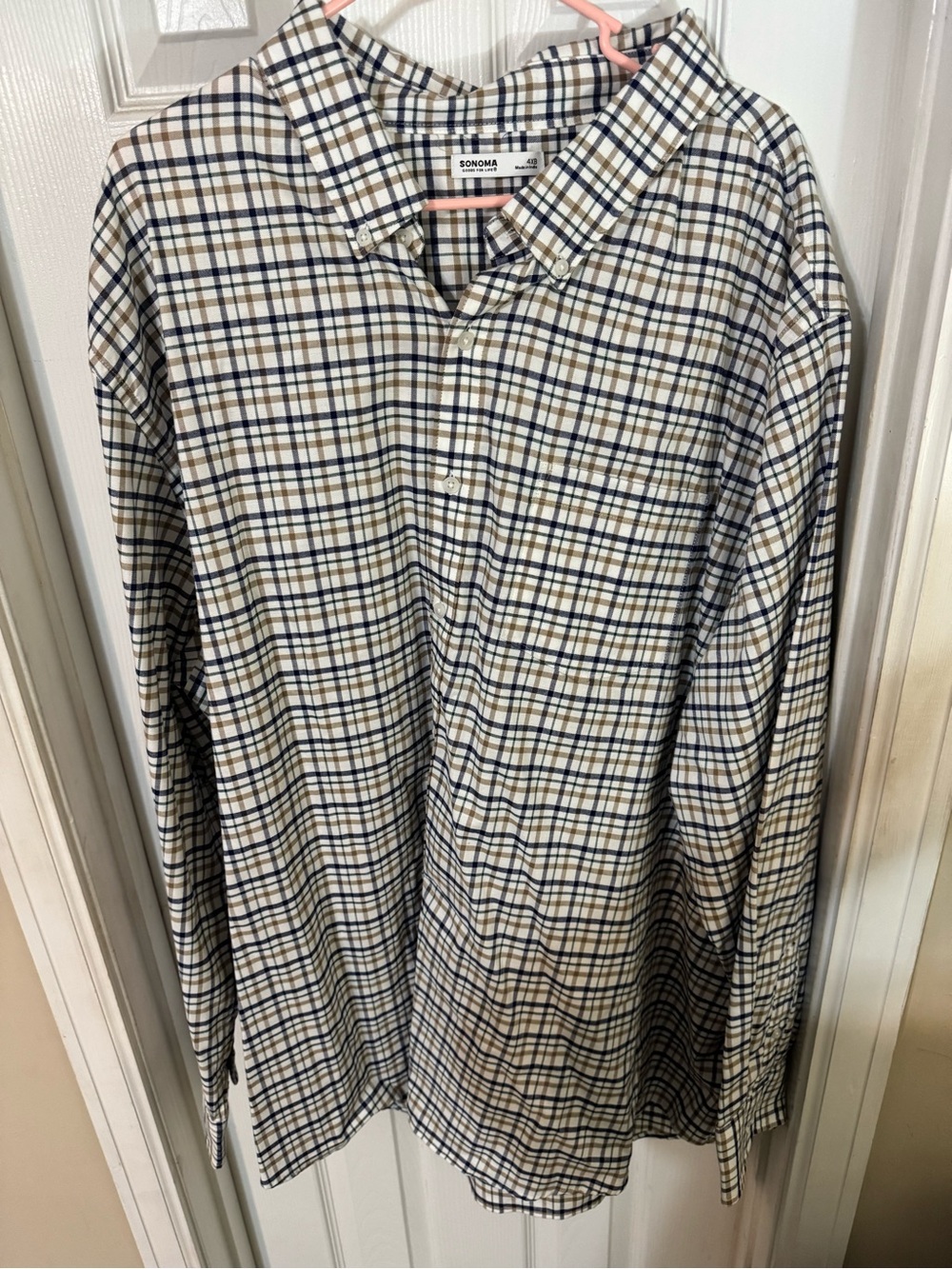 Sonoma Plaid Button-Up Shirt in White, Navy & Brown